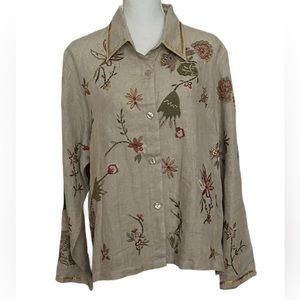 Coldwater Creek Linen Women's 1X Long Sleeve Button-up Shirt Embroidered Beaded